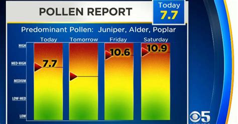 Allergen levels today - Safety Tips. During peak season for tree pollen, keep your windows and doors closed, especially on windy days. Avoid outdoor activities in the early morning, and be sure to shower and change ...